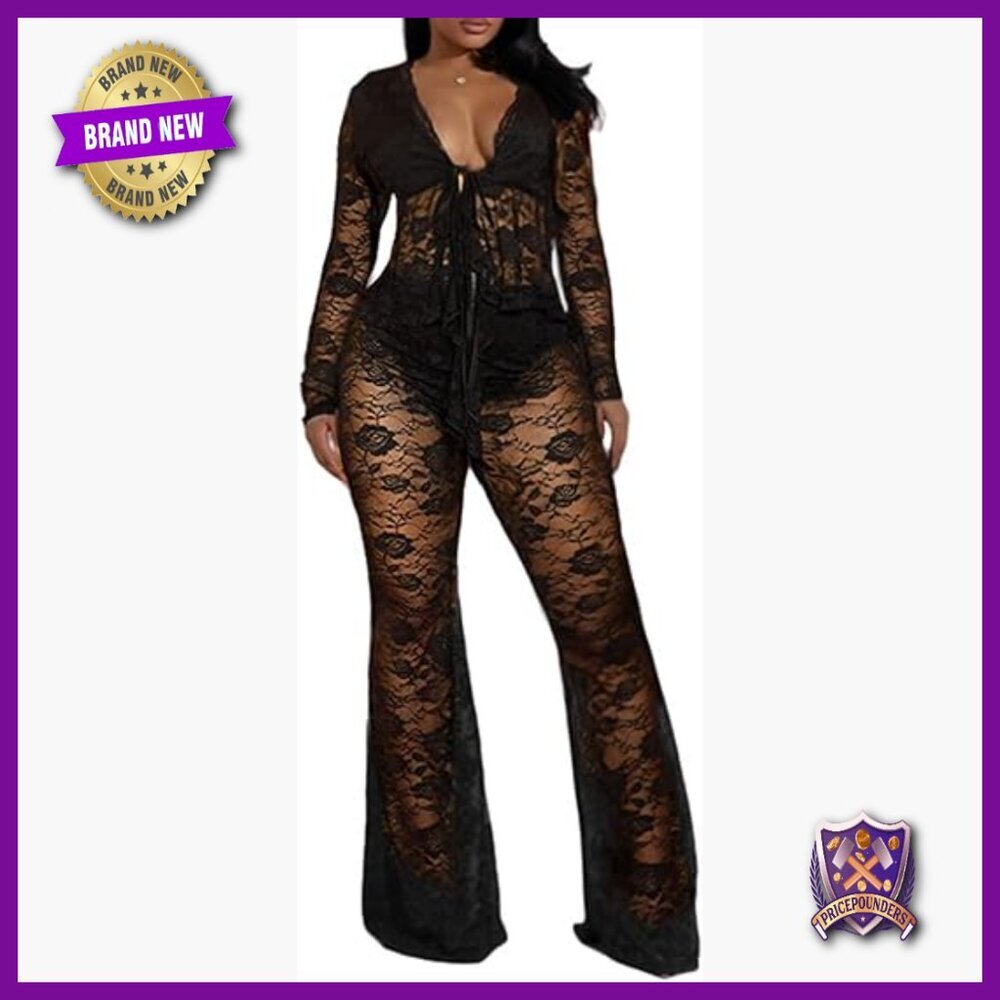 Lace Floral Tie Front Crop Top & Flared Pants Set Y2K Club Outfit